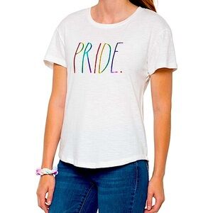 2pc Rae Dunn Pride rainbow foil slub tee medium + bonus tie dye scrunchie NWT
